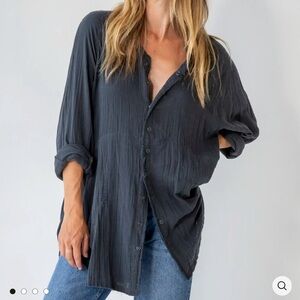 Natural Life Laid Back Cotton Button Down Shirt Raw Hem Gauzy Boho w Pockets XS